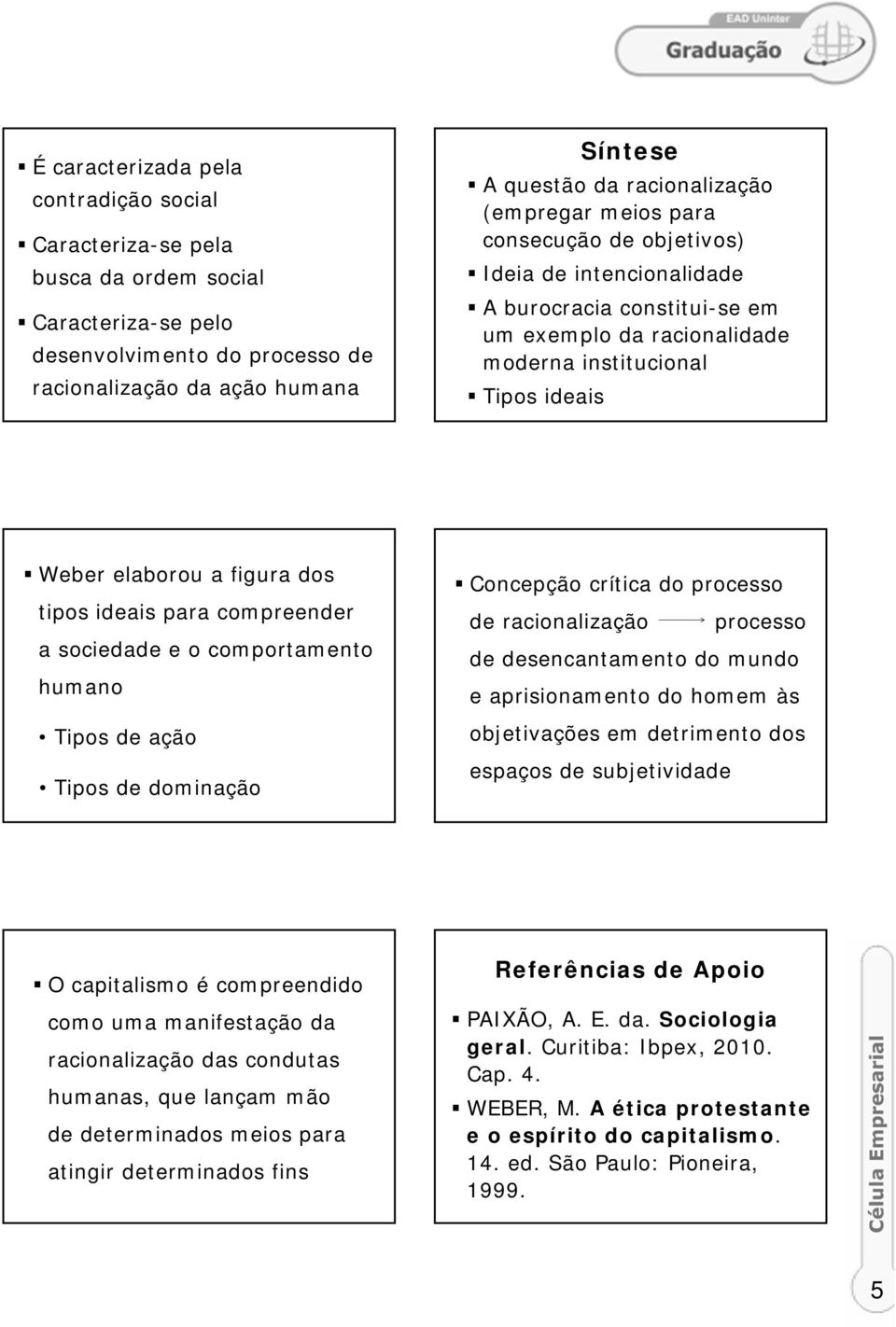 para compreender a sociedade e o comportamento humano Tipos de ação Tipos de dominação Concepção crítica do processo de racionalização processo de desencantamento do mundo e aprisionamento do homem