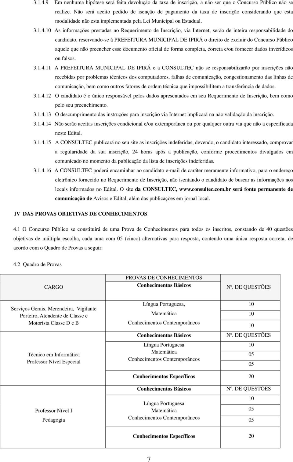 10 As informações prestadas no Requerimento de Inscrição, via Internet, serão de inteira responsabilidade do candidato, reservando-se à PREFEITURA MUNICIPAL DE IPIRÁ o direito de excluir do Concurso