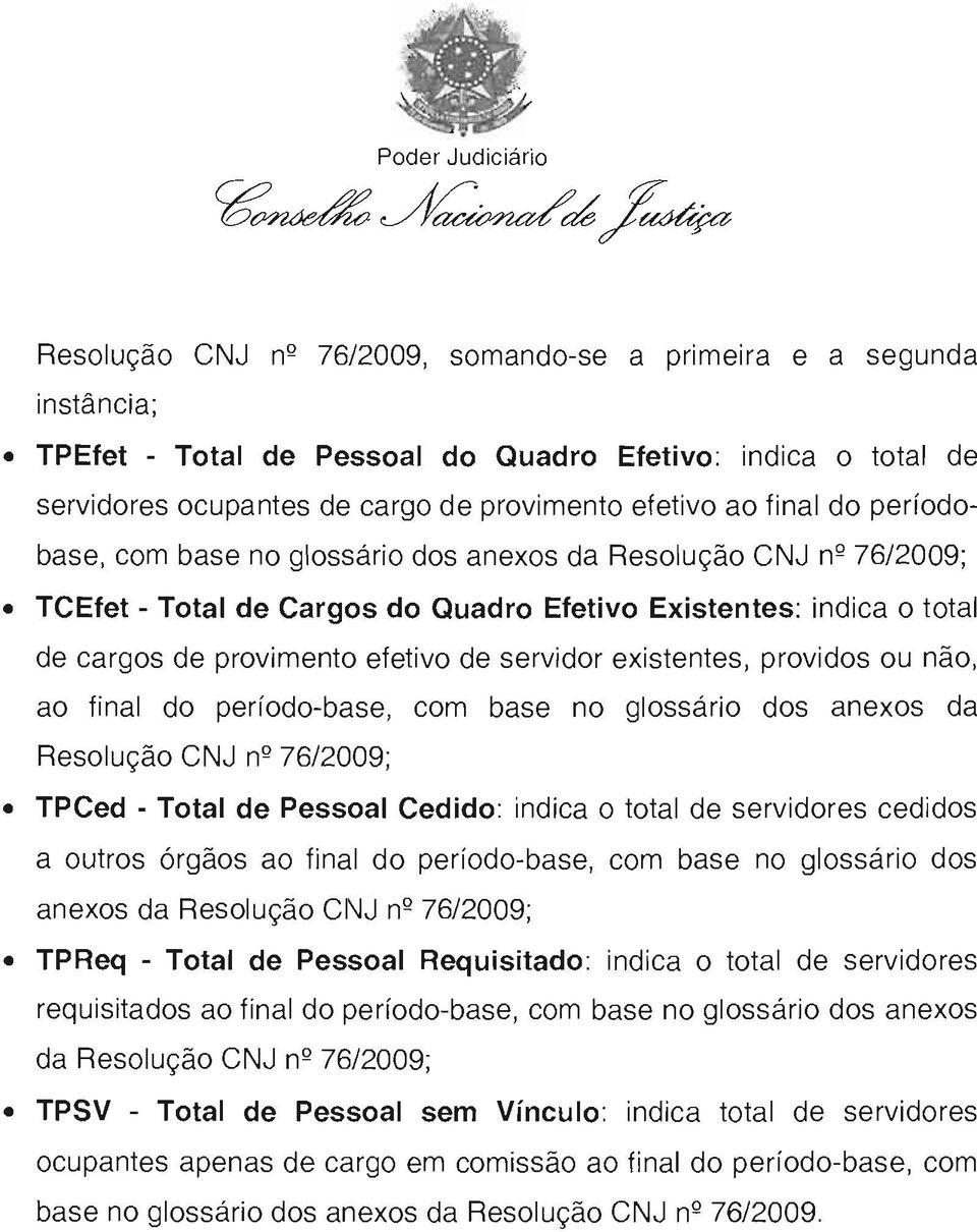 existentes, providos ou não, ao final do período-base, com base no glossário dos anexos da Resolução CI\JJ nº 76/2009; TPCed - Total de Pessoal Cedido: indica o total de servidores cedidos a outros