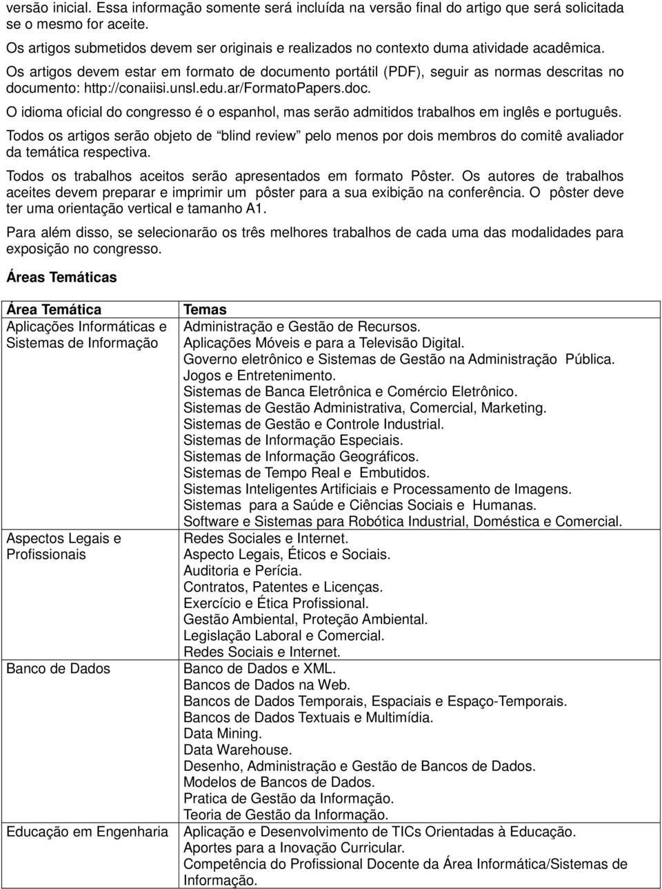 Os artigos devem estar em formato de documento portátil (PDF), seguir as normas descritas no documento: http://conaiisi.unsl.edu.ar/formatopapers.doc. O idioma oficial do congresso é o espanhol, mas serão admitidos trabalhos em inglês e português.