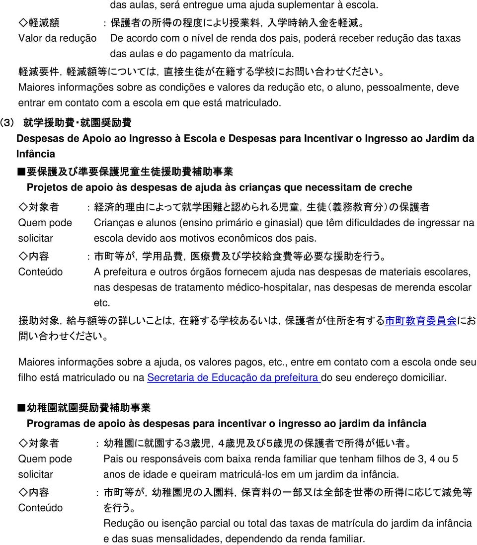 軽 減 要 件, 軽 減 額 等 については, 直 接 生 徒 が 在 籍 する 学 校 にお 問 い 合 わせください sobre as condições e valores da redução etc, o aluno, pessoalmente, deve entrar em contato com a escola em que está matriculado.