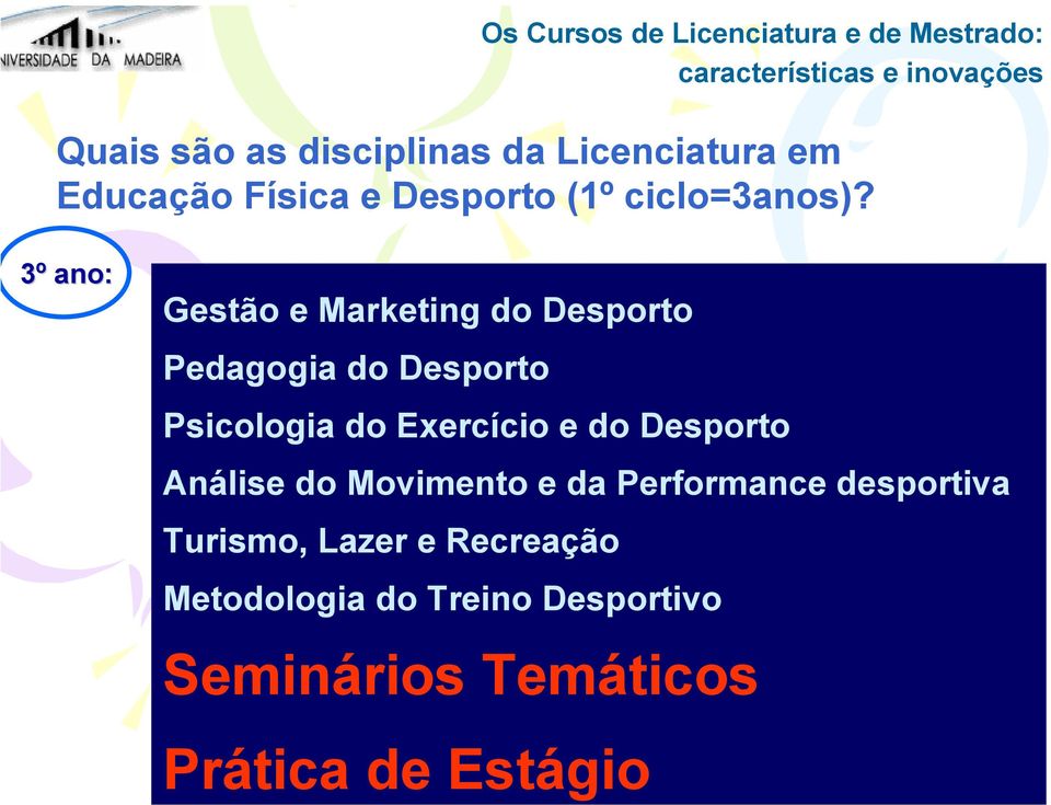 3º ano: Gestão e Marketing do Desporto Pedagogia do Desporto Psicologia do Exercício e do