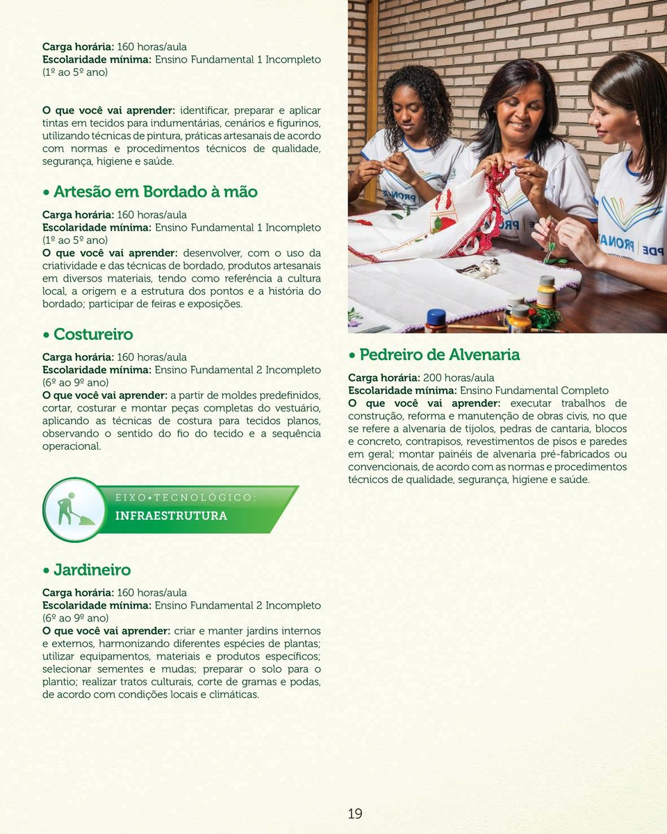 Artesão em Bordado à mão Escolaridade mínima: Ensino Fundamental 1 Incompleto (1º ao 5º ano) O que você vai aprender: desenvolver, com o uso da criatividade e das técnicas de bordado, produtos