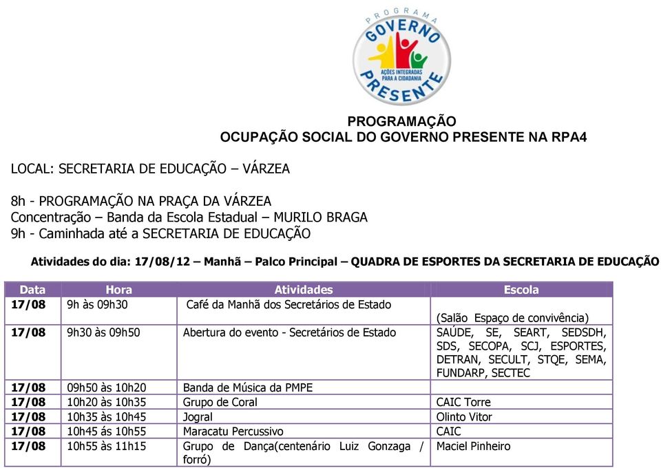 Estado (Salão Espaço de convivência) 17/08 9h30 às 09h50 Abertura do evento - Secretários de Estado SAÚDE, SE, SEART, SEDSDH, SDS, SECOPA, SCJ, ESPORTES, DETRAN, SECULT, STQE, SEMA, FUNDARP, SECTEC