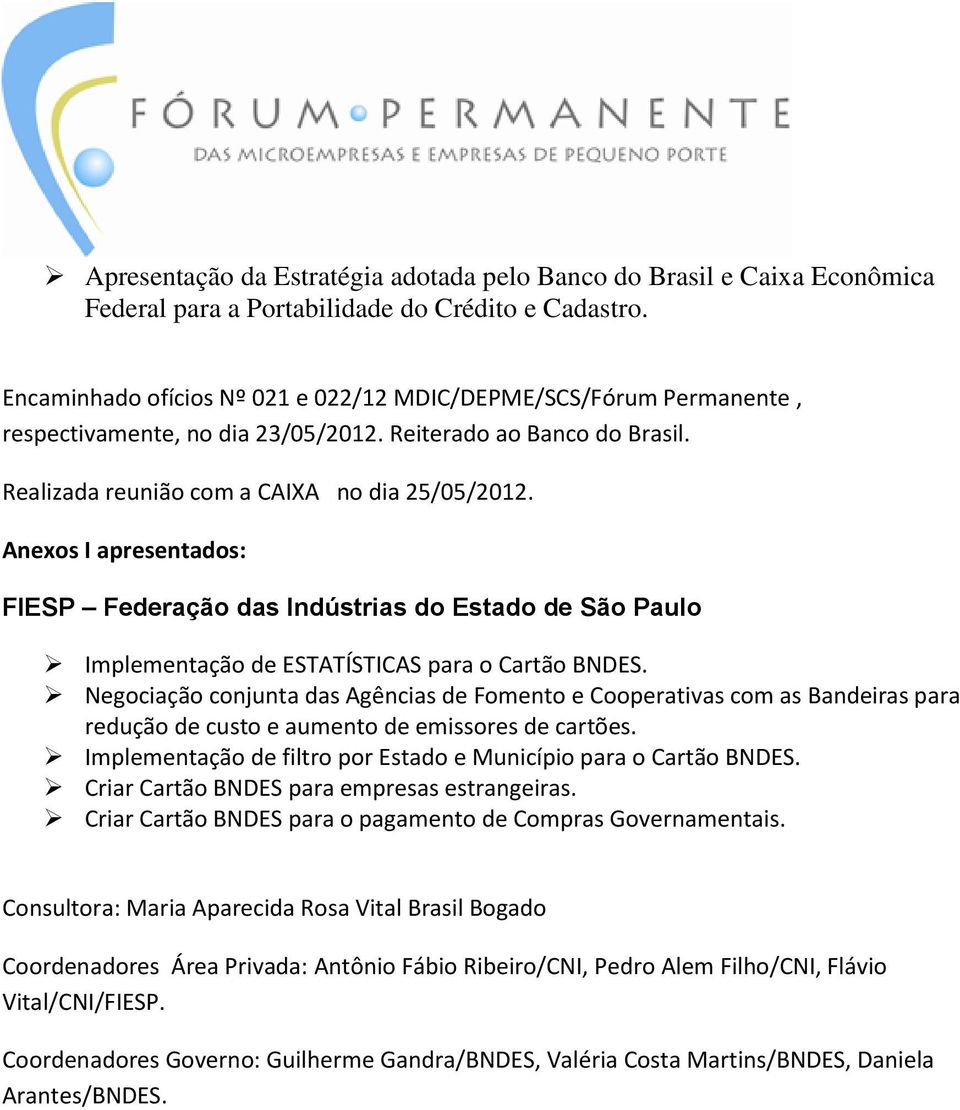 Anexos I apresentados: FIESP Federação das Indústrias do Estado de São Paulo Implementação de ESTATÍSTICAS para o Cartão BNDES.