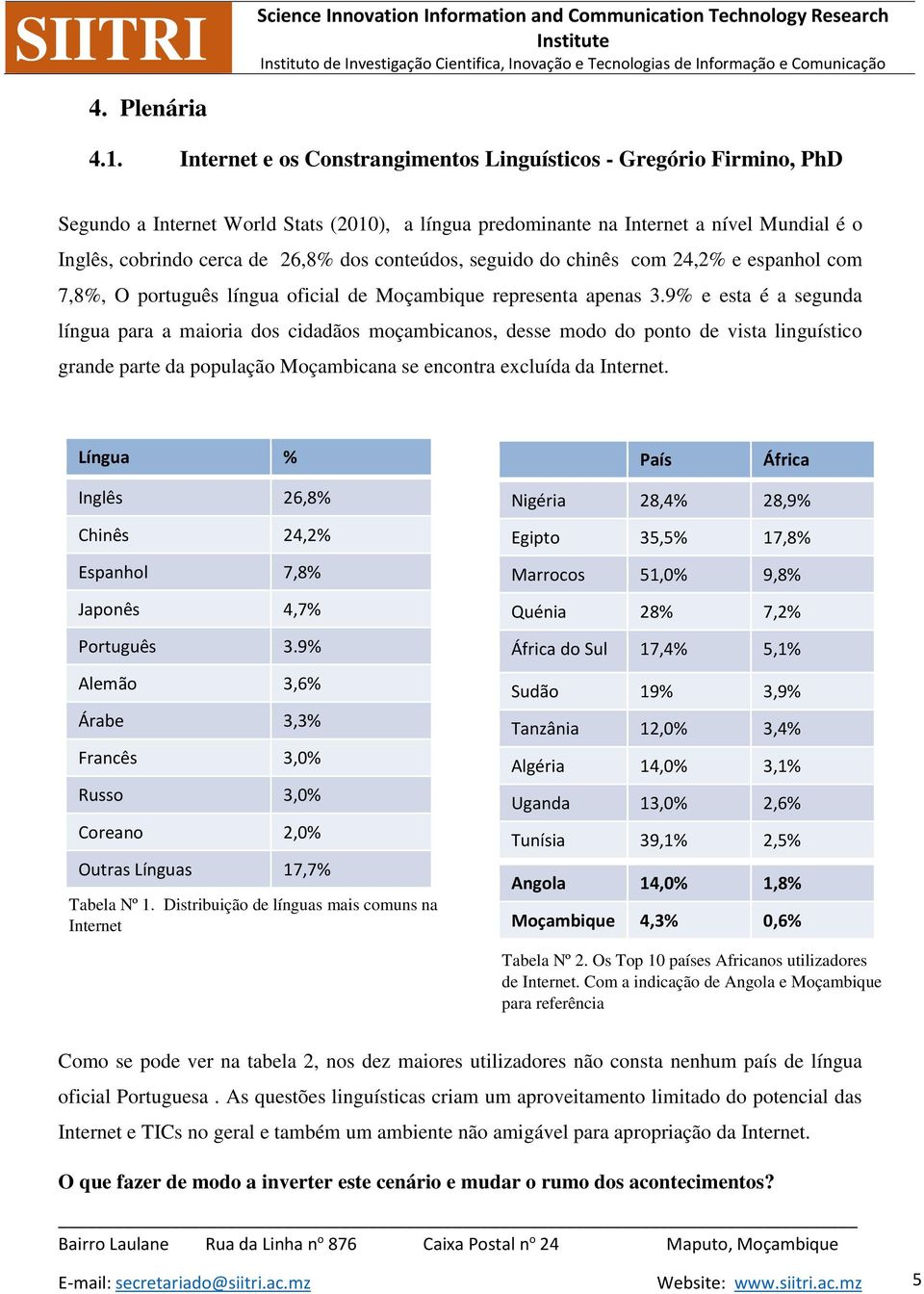 conteúdos, seguido do chinês com 24,2% e espanhol com 7,8%, O português língua oficial de Moçambique representa apenas 3.