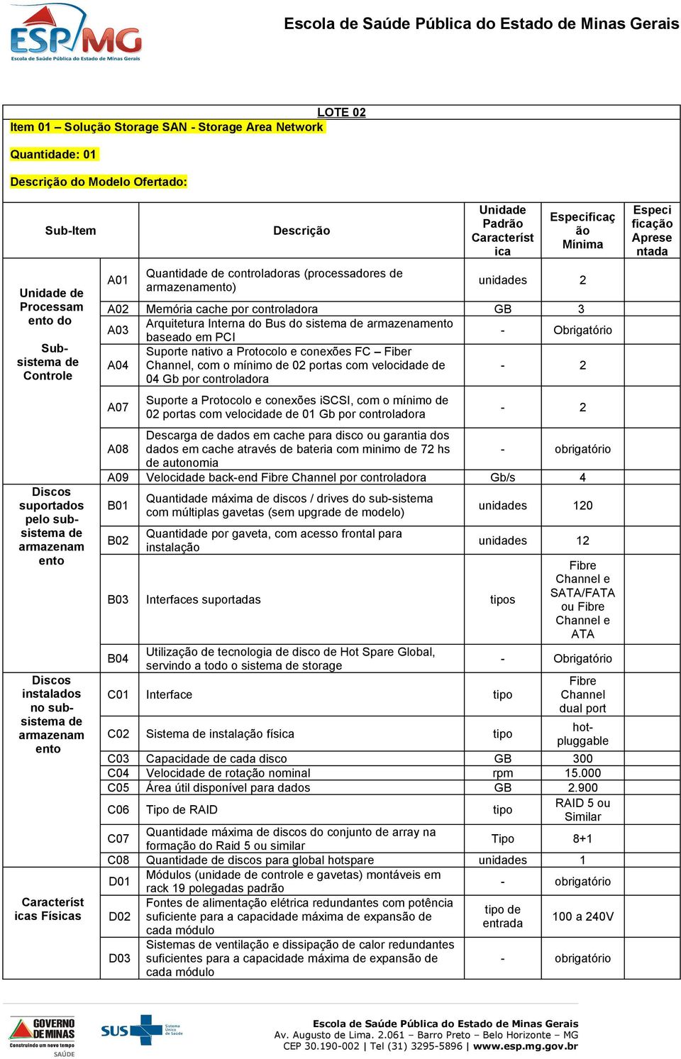 Especificaç ão Mínima unidades 2 A02 Memória cache por controladora GB 3 A03 Arquitetura Interna do Bus do sistema de armazenamento baseado em PCI - A04 Suporte nativo a Protocolo e conexões FC Fiber