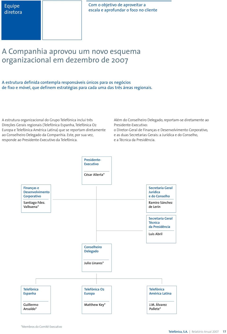A estrutura organizacional do Grupo Telefónica inclui três Direções Gerais regionais (Telefónica Espanha, Telefónica O2 Europa e Telefónica América Latina) que se reportam diretamente ao Conselheiro