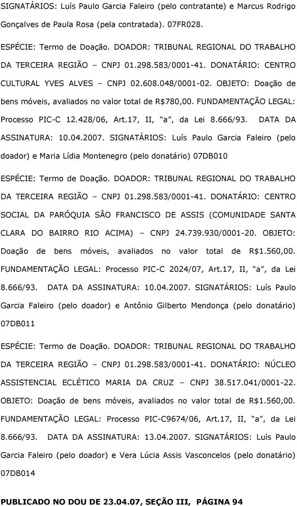 17, II, a, da Lei 8.666/93. DATA DA ASSINATURA: 10.04.2007. SIGNATÁRIOS: Luís Paulo Garcia Faleiro (pelo doador) e Maria Lídia Montenegro (pelo donatário) 07DB010 DA TERCEIRA REGIÃO CNPJ 01.298.