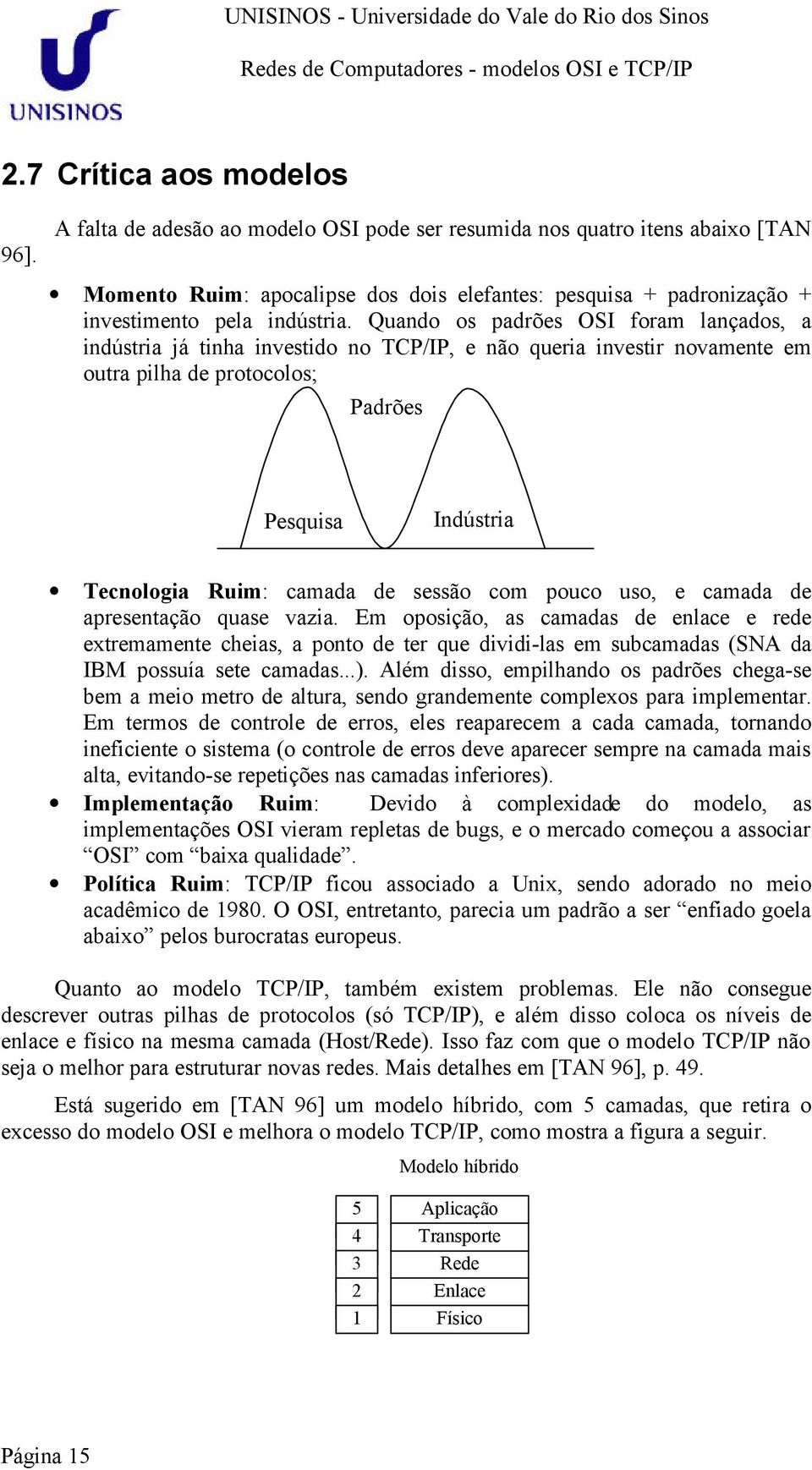 Quando os padrões OSI foram lançados, a indústria já tinha investido no TCP/IP, e não queria investir novamente em outra pilha de protocolos; Padrões Pesquisa Indústria Tecnologia Ruim: camada de