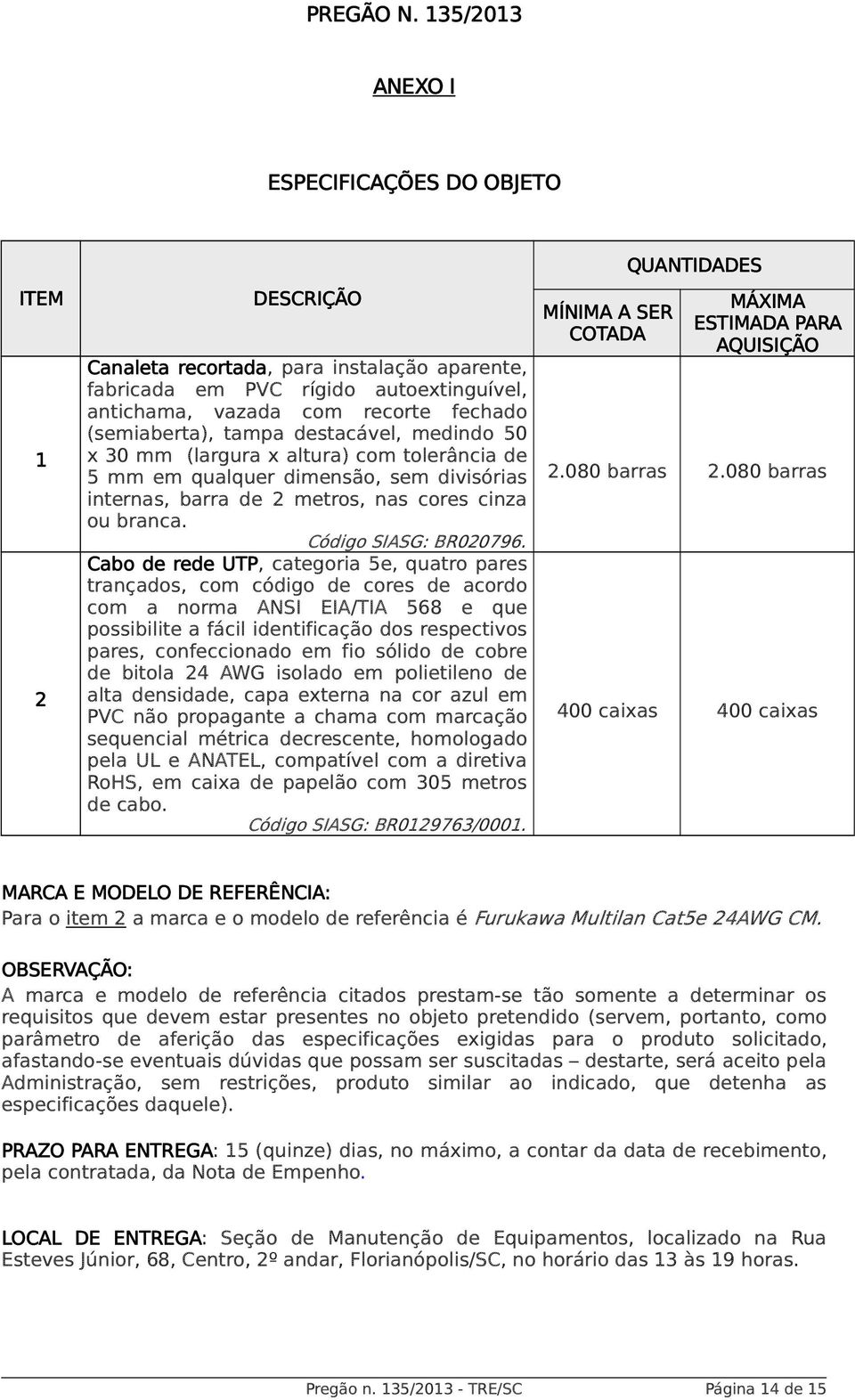 autoextinguível, antichama, vazada com recorte fechado (semiaberta), tampa destacável, medindo 50 x 30 mm (largura x altura) com tolerância de 5 mm em qualquer dimensão, sem divisórias 2.080 barras 2.