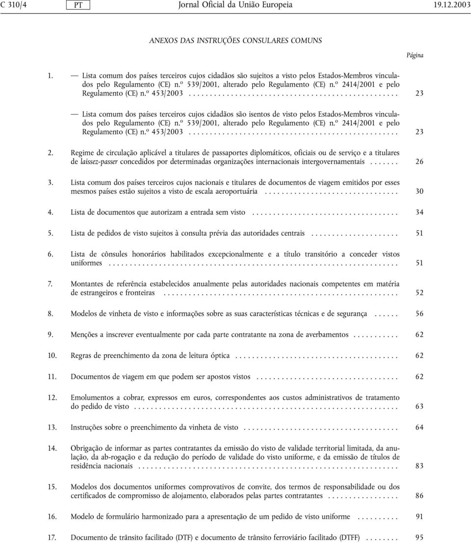 .. 23 Lista comum dos países terceiros cujos cidadãos são isentos de visto pelos Estados-Membros vinculados pelo Regulamento (CE) n. .. 23 2.