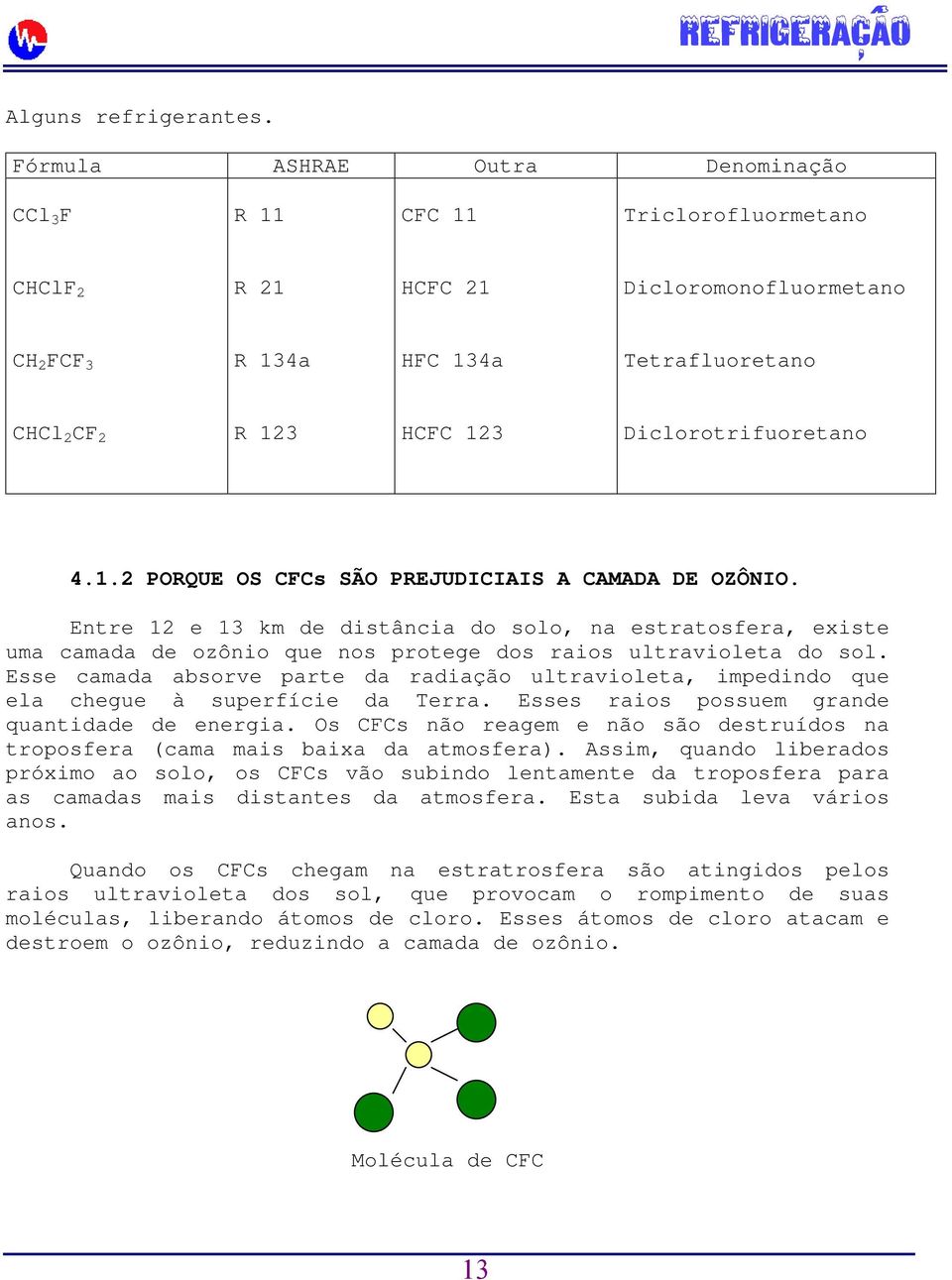Diclorotrifuoretano 4.1.2 PORQUE OS CFCs SÃO PREJUDICIAIS A CAMADA DE OZÔNIO.