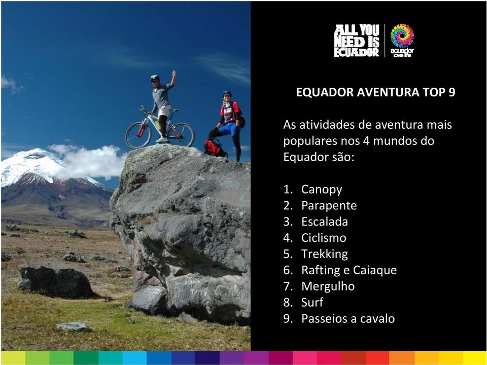 Parapente 3. Escalada 4. Ciclismo 5. Trekking 6.