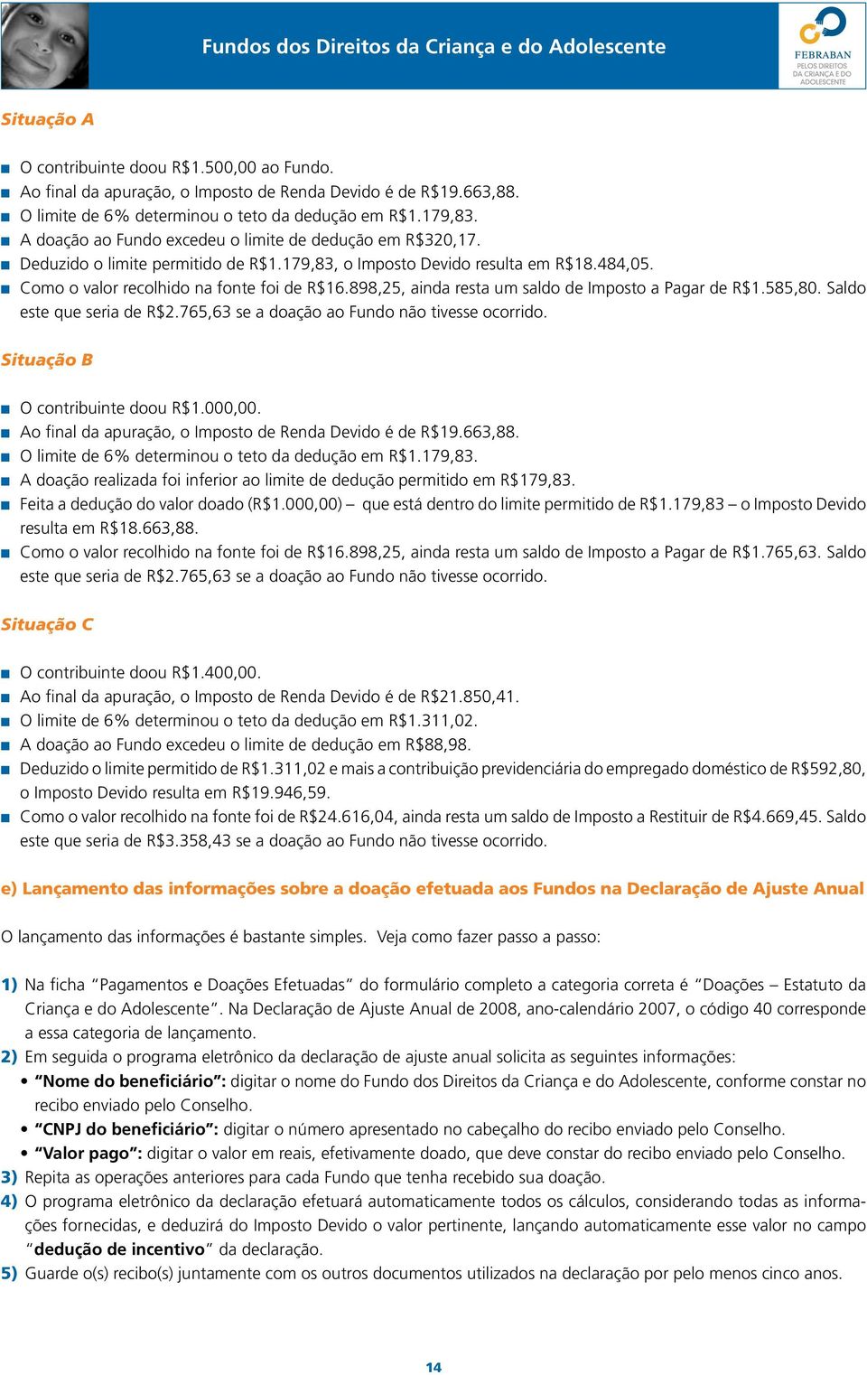 898,25, ainda resta um saldo de Imposto a Pagar de R$1.585,80. Saldo este que seria de R$2.765,63 se a doação ao Fundo não tivesse ocorrido. Situação B n O contribuinte doou R$1.000,00.