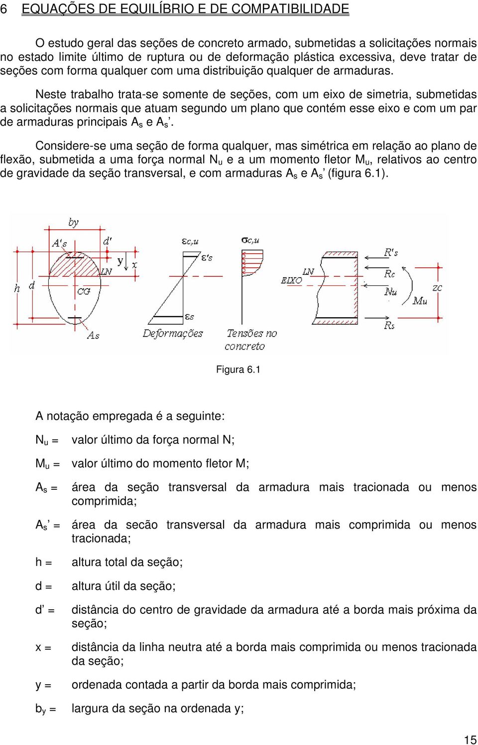 Coniere-e ma eção e orma qalqer, ma imétrica em relação ao plano e leão, bmetia a ma orça normal e a m momento letor M, relativo ao centro e graviae a eção tranveral, e com armara A e A (igra 6.1).