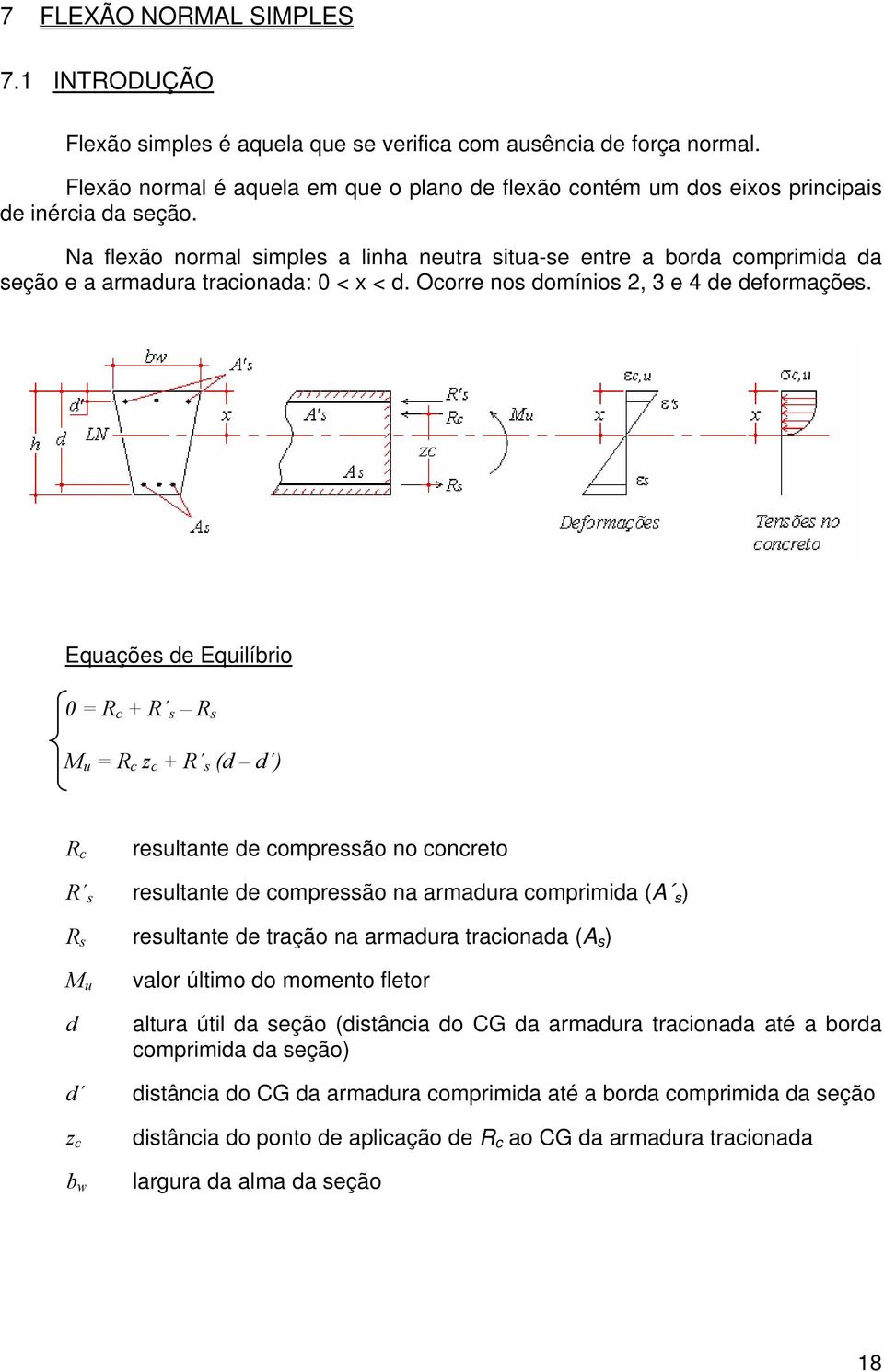 Eqaçõe e Eqilíbrio 0 R c + R R M R c z c + R ( ) R c R reltante e compreão no concreto reltante e compreão na armara comprimia (A ) R reltante e tração na armara tracionaa (A ) M valor