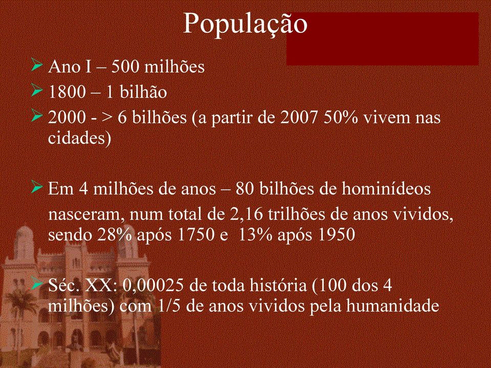 total de 2,16 trilhões de anos vividos, sendo 28% após 1750 e 13% após 1950 Séc.