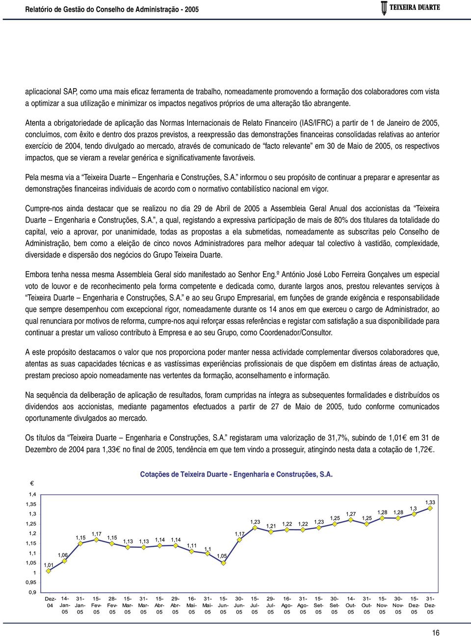 Atenta a obrigatoriedade de aplicação das Normas Internacionais de Relato Financeiro (IAS/IFRC) a partir de 1 de Janeiro de 2005, concluímos, com êxito e dentro dos prazos previstos, a reexpressão