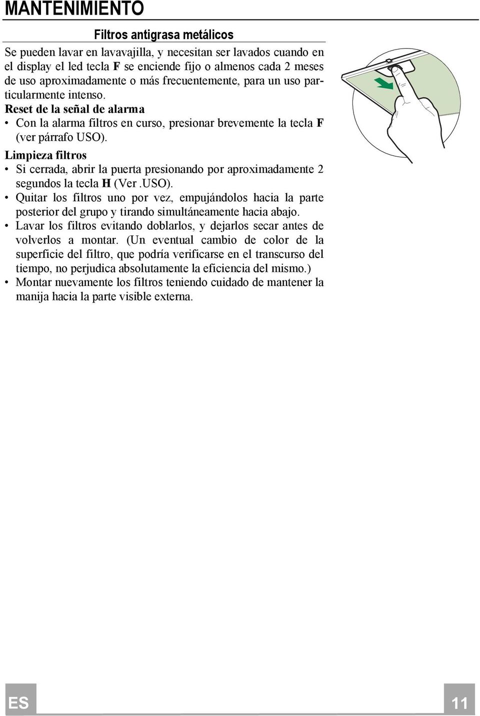 Limpieza filtros Si cerrada, abrir la puerta presionando por aproximadamente 2 segundos la tecla H (Ver.USO).