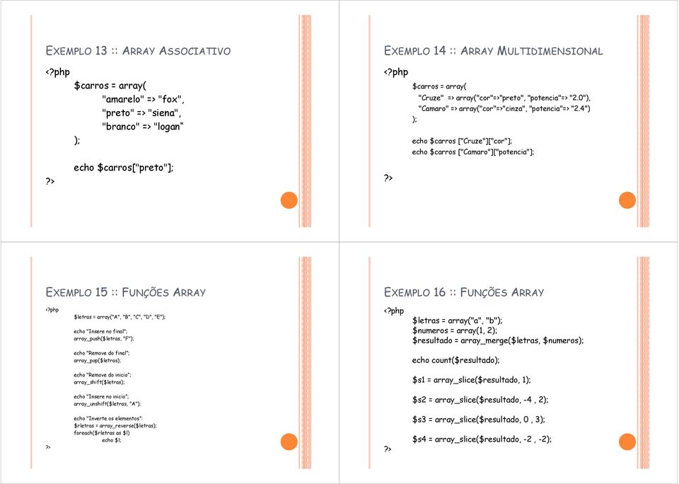 4") ); ); echo $carros ["Cruze"]["cor"]; echo $carros ["Camaro"]["potencia"]; echo $carros["preto"]; EXEMPLO 15 :: FUNÇÕES ARRAY EXEMPLO 16 :: FUNÇÕES ARRAY $letras = array("a", "B", "C", "D", "E");