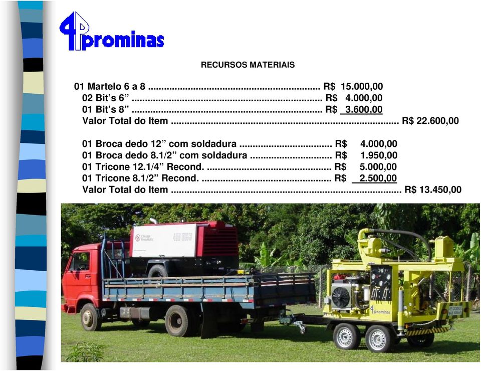 600,00 01 Broca dedo 12 com soldadura... R$ 4.000,00 01 Broca dedo 8.1/2 com soldadura.