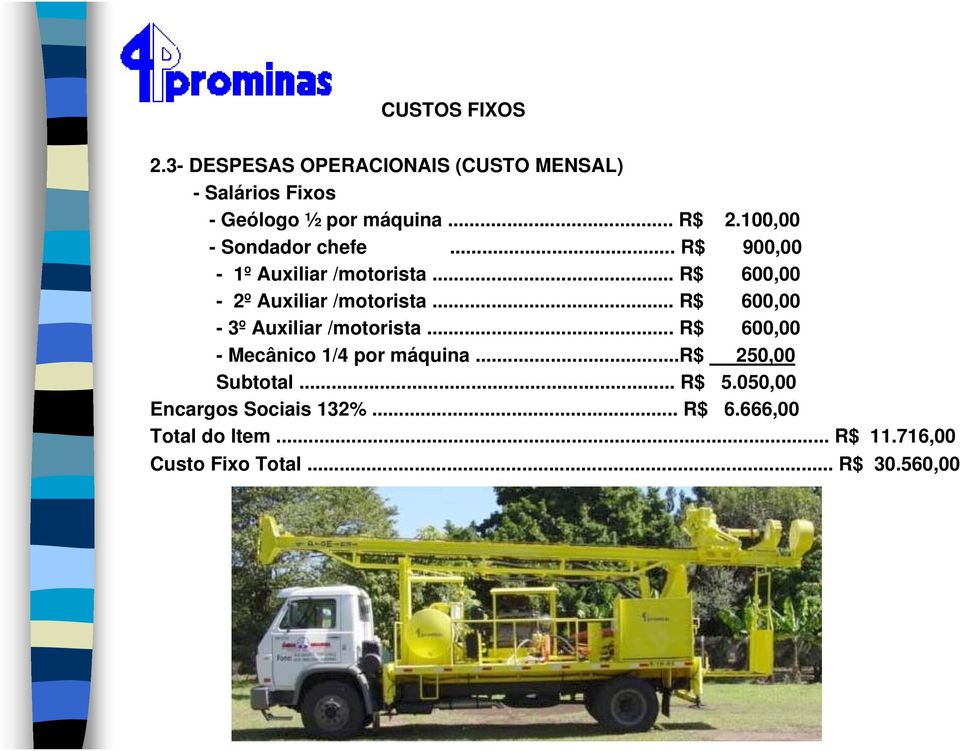 .. R$ 600,00-3º Auxiliar /motorista... R$ 600,00 - Mecânico 1/4 por máquina...r$ 250,00 Subtotal... R$ 5.