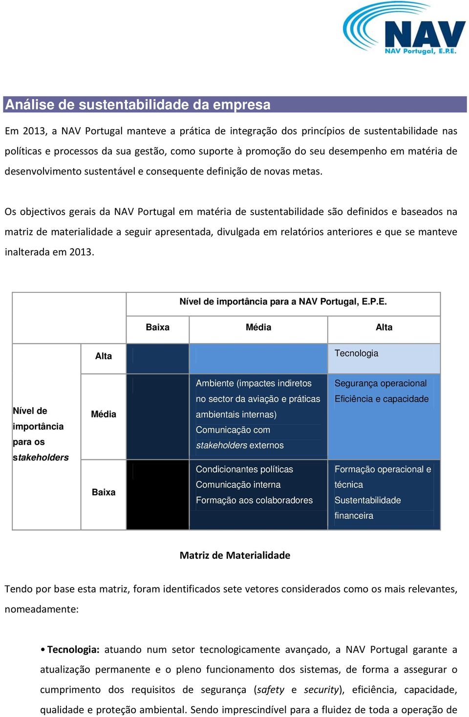 Os objectivos gerais da NAV Portugal em matéria de sustentabilidade são definidos e baseados na matriz de materialidade a seguir apresentada, divulgada em relatórios anteriores e que se manteve