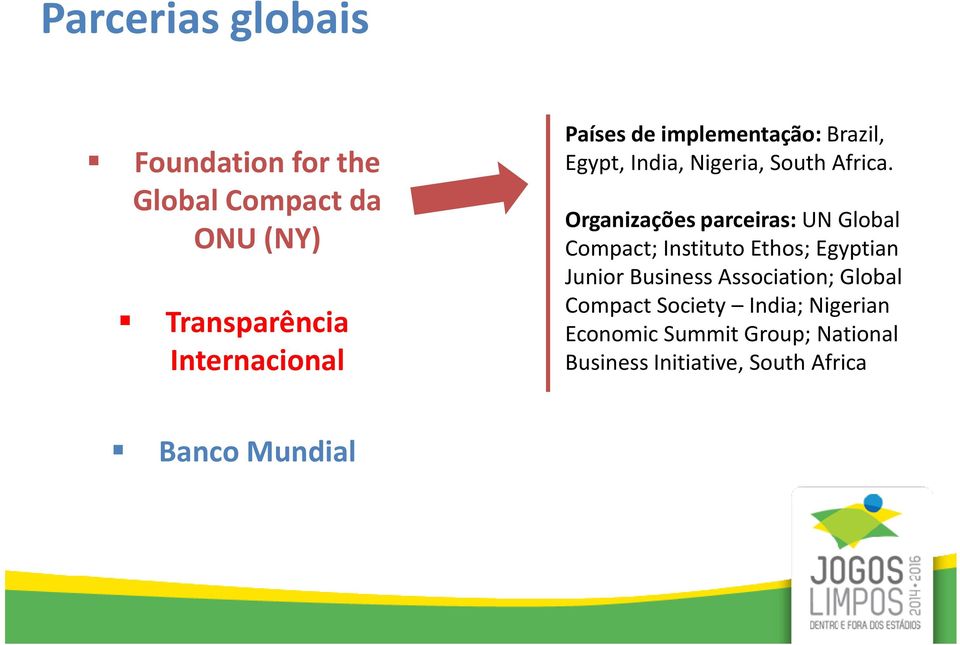 Organizaçõesparceiras: UN Global Compact; InstitutoEthos; Egyptian Junior Business