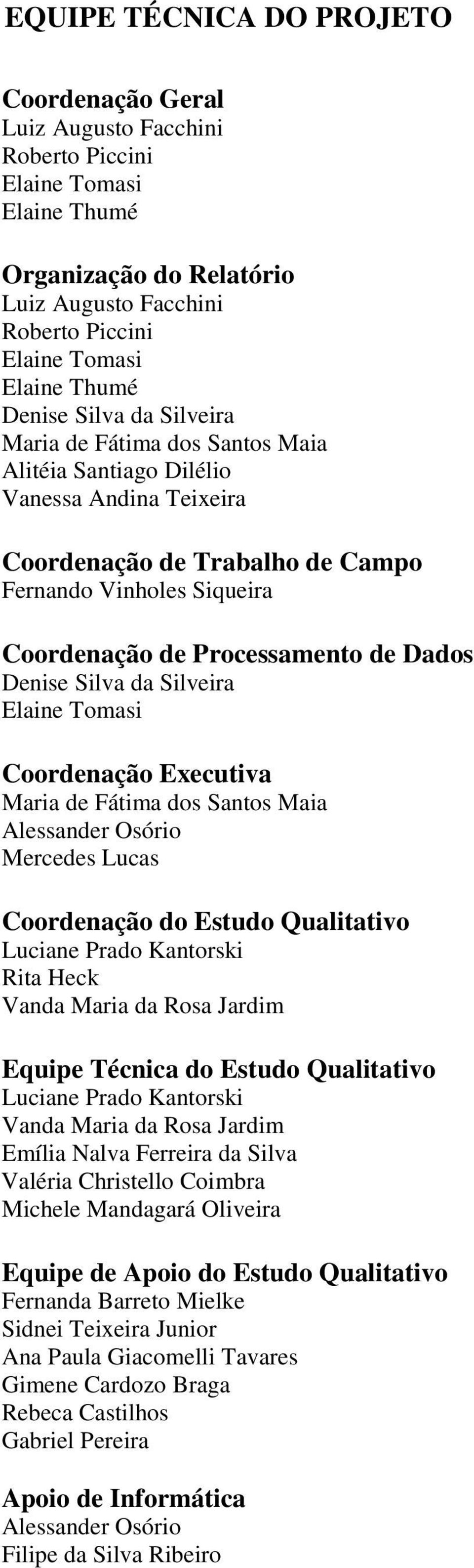 Dados Denise Silva da Silveira Elaine Tomasi Coordenação Executiva Maria de Fátima dos Santos Maia Alessander Osório Mercedes Lucas Coordenação do Estudo Qualitativo Luciane Prado Kantorski Rita Heck