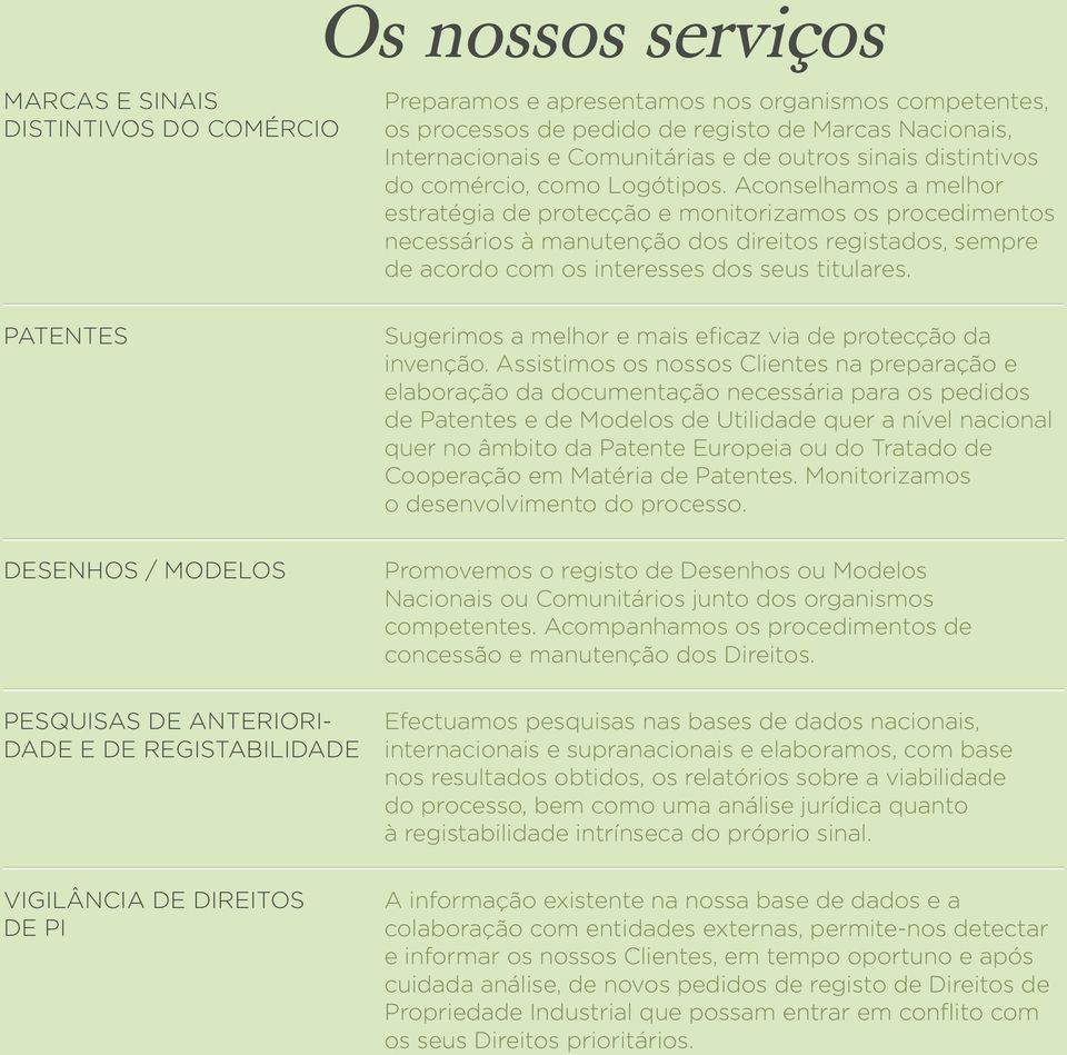 Aconselhamos a melhor estratégia de protecção e monitorizamos os procedimentos necessários à manutenção dos direitos registados, sempre de acordo com os interesses dos seus titulares.