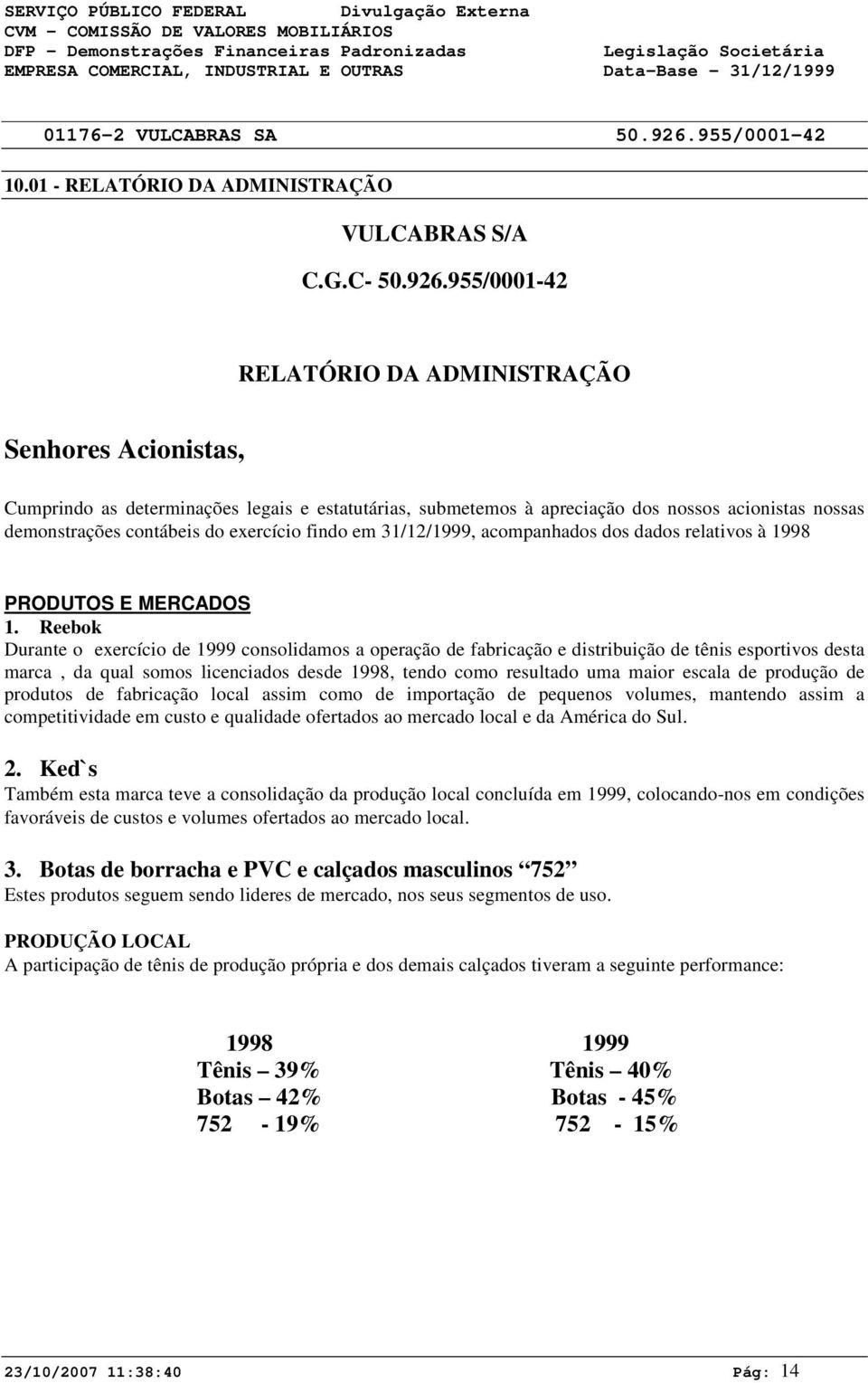 955/1-42 RELATÓRIO DA ADMINISTRAÇÃO Senhores Acionistas, Cumprindo as determinações legais e estatutárias, submetemos à apreciação dos nossos acionistas nossas demonstrações contábeis do exercício