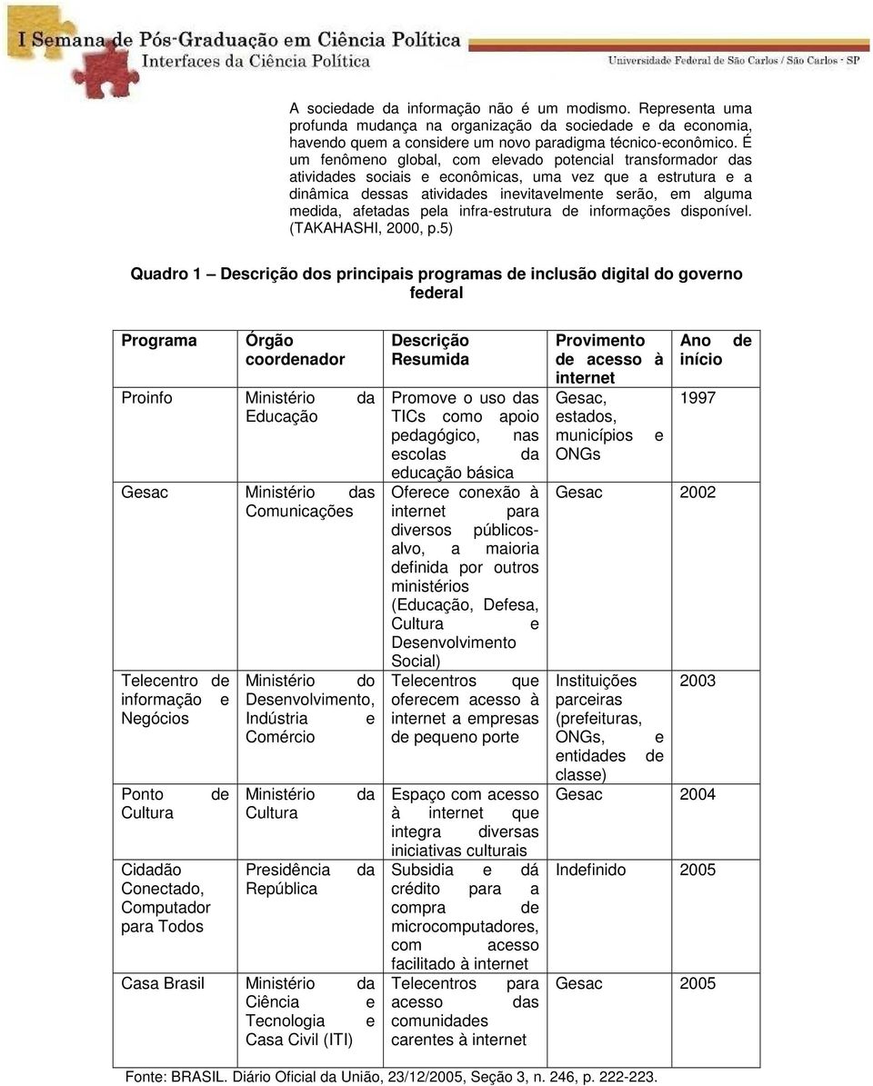 pela infra-estrutura de informações disponível. (TAKAHASHI, 2000, p.