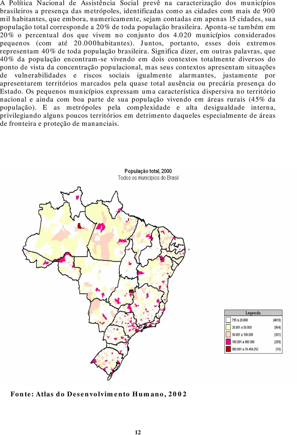 020 municípios considerados pequenos (com até 20.000habitantes). Juntos, portanto, esses dois extremos representam 40% de toda população brasileira.