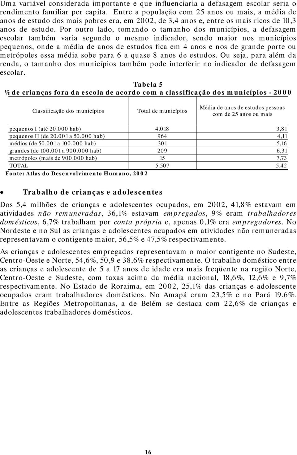 Por outro lado, tomando o tamanho dos municípios, a defasagem escolar também varia segundo o mesmo indicador, sendo maior nos municípios pequenos, onde a média de anos de estudos fica em 4 anos e nos