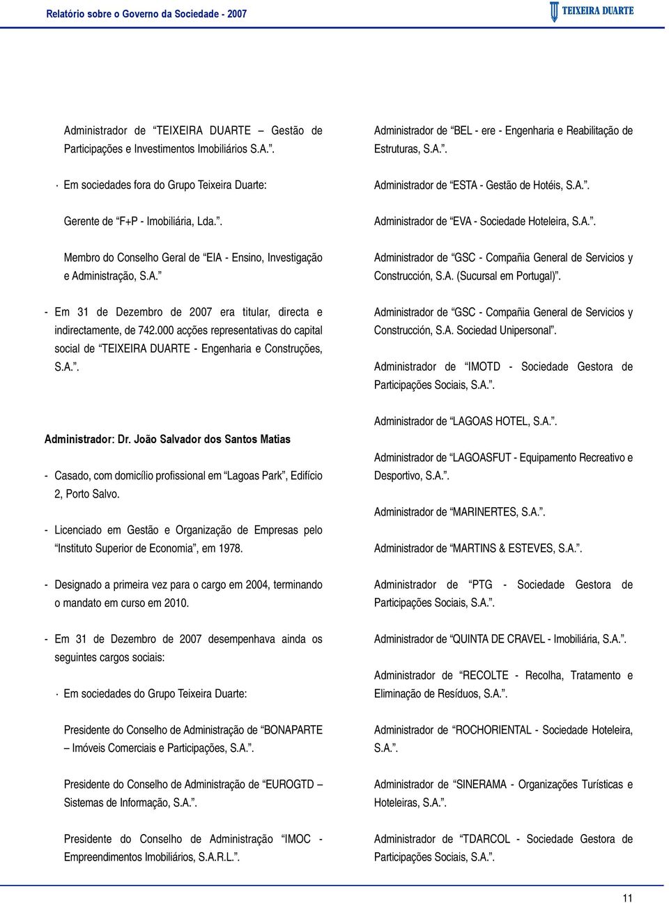 A. (Sucursal em Portugal). - Em 31 de Dezembro de 20 era titular, directa e indirectamente, de 742.000 acções representativas do capital social de TEIXEIRA DUARTE - Engenharia e Construções, S.A.. Administrador de GSC - Compañia General de Servicios y Construcción, S.