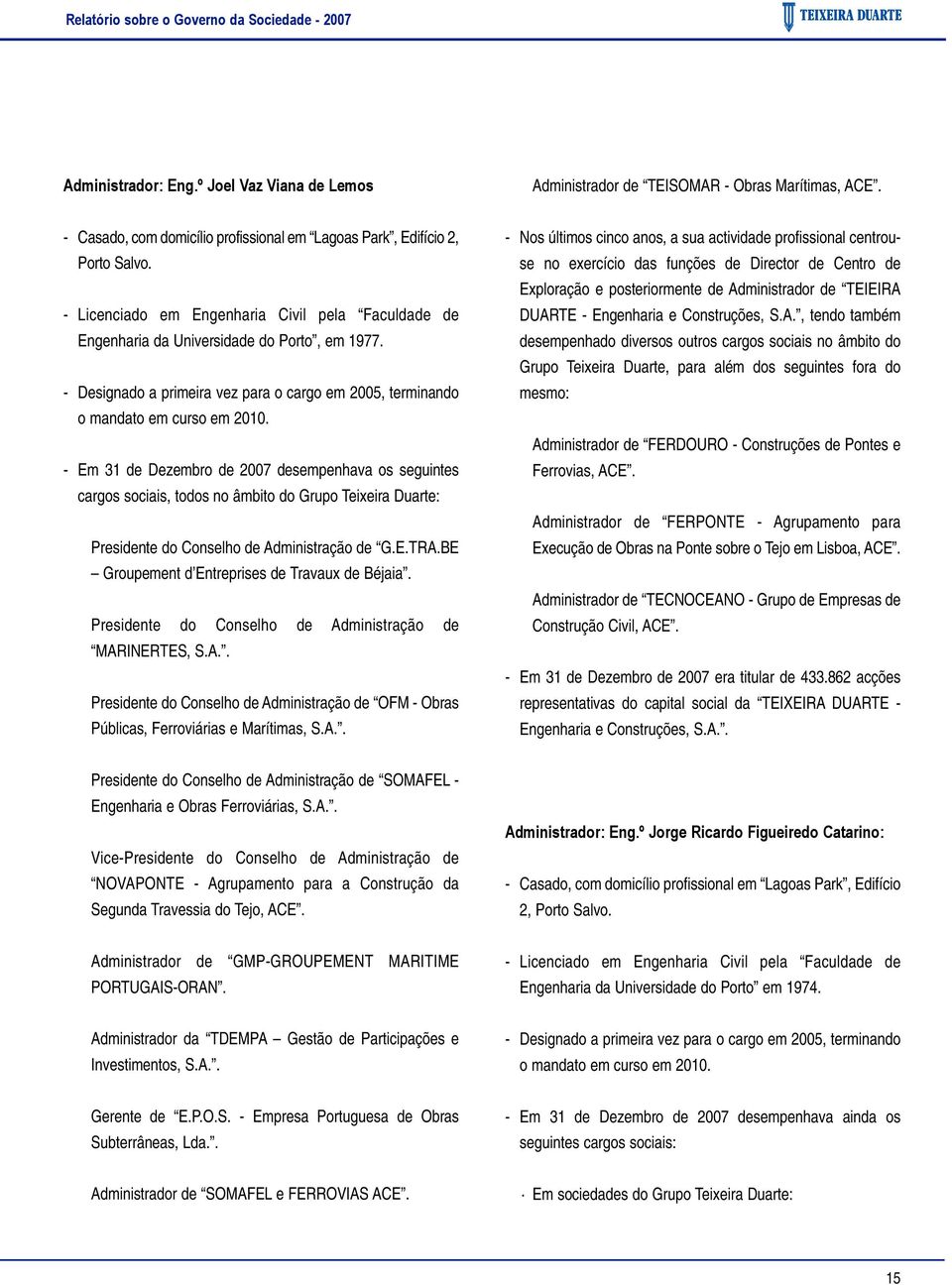 - Em 31 de Dezembro de 20 desempenhava os seguintes cargos sociais, todos no âmbito do Grupo Teixeira Duarte: Presidente do Conselho de Administração de G.E.TRA.