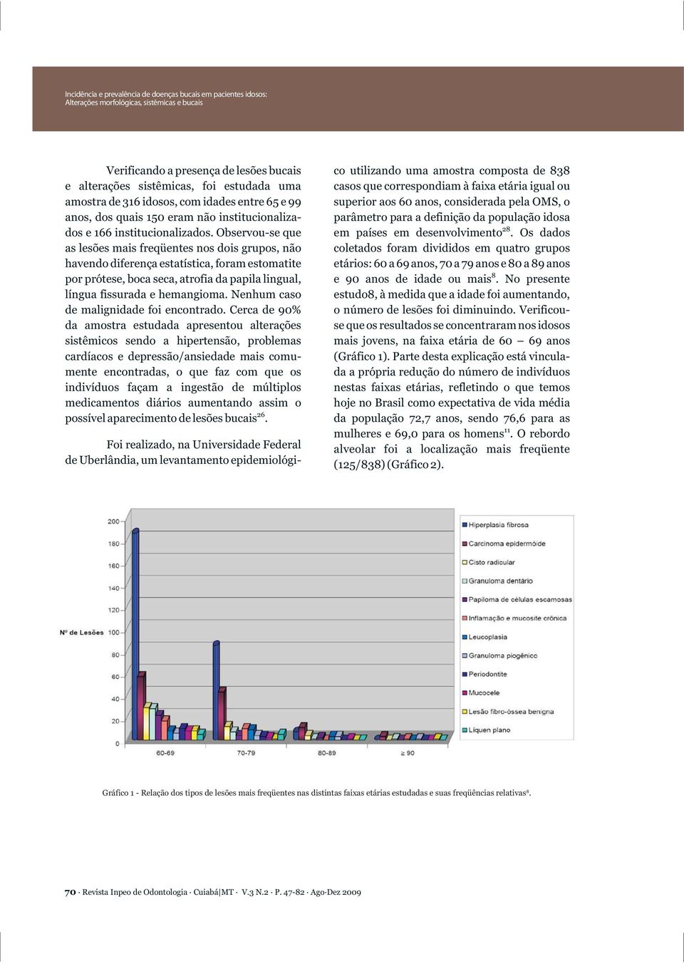 Observou-se que as lesões mais freqüentes nos dois grupos, não havendo diferença estatística, foram estomatite por prótese, boca seca, atrofia da papila lingual, língua fissurada e hemangioma.