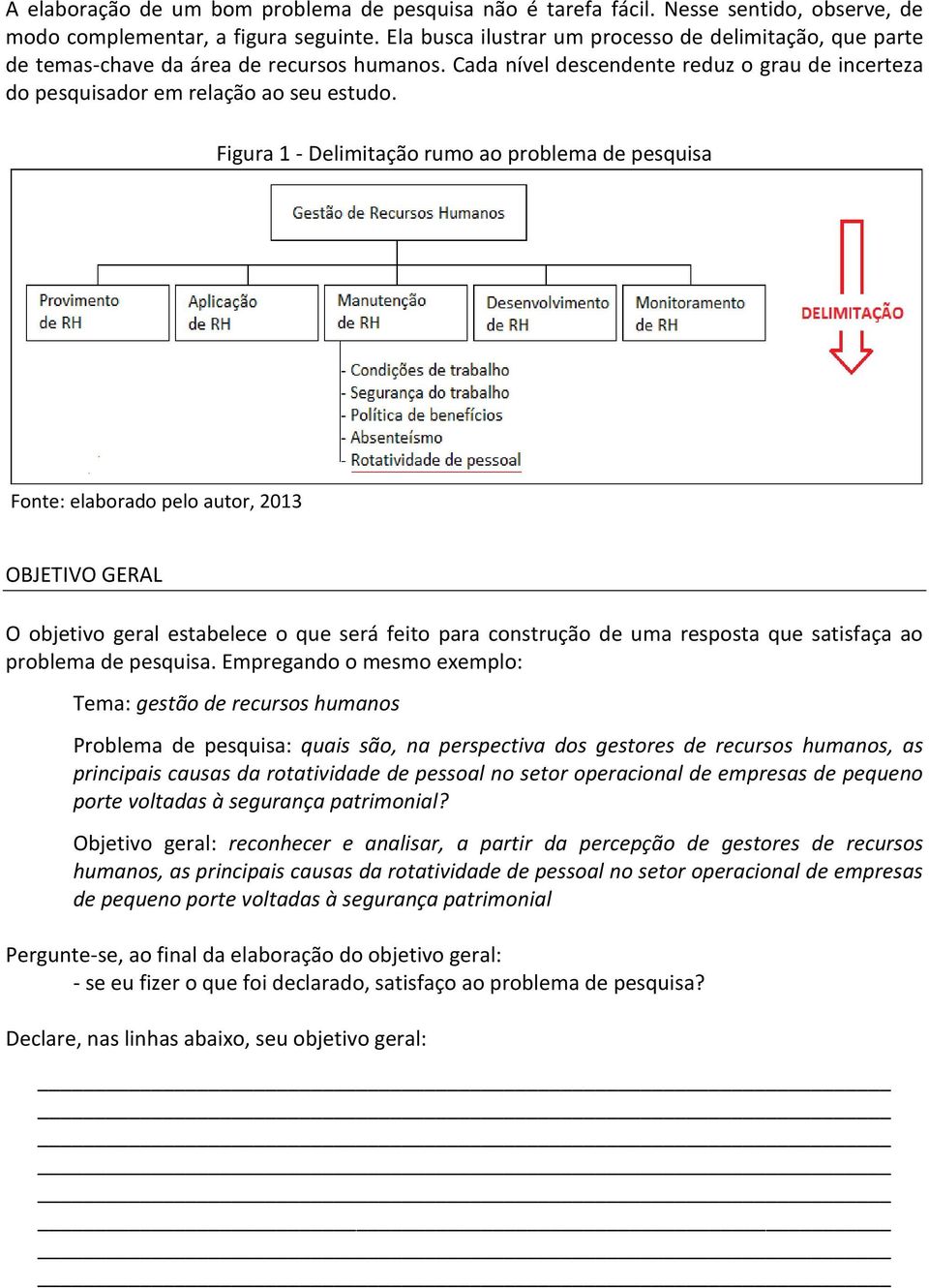 Figura 1 - Delimitação rumo ao problema de pesquisa Fonte: elaborado pelo autor, 2013 OBJETIVO GERAL O objetivo geral estabelece o que será feito para construção de uma resposta que satisfaça ao