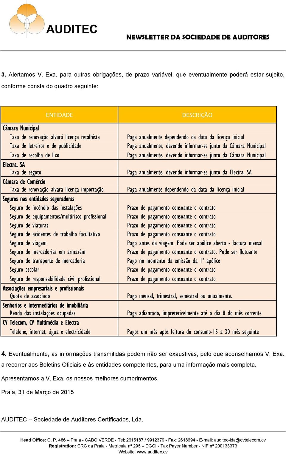 letreiros e de publicidade Taxa de recolha de lixo Electra, SA Taxa de esgoto Câmara de Comércio Taxa de renovação alvará licença importação Seguros nas entidades seguradoras Seguro de incêndio das