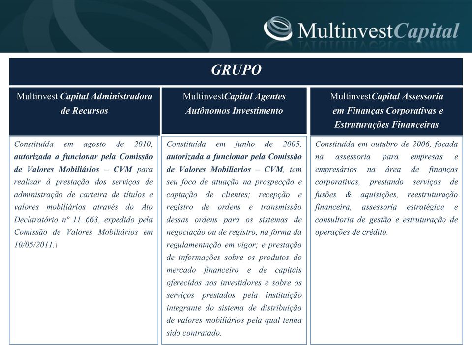 \ GRUPO MultinvestCapital Agentes Autônomos Investimento Constituída em junho de 2005, autorizada a funcionar pela Comissão de Valores Mobiliarios CVM, tem seu foco de atuação na prospecção e