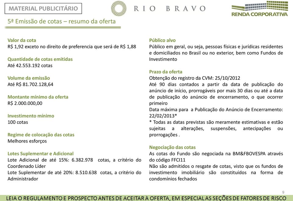 000,00 Investimento mínimo 100 cotas Regime de colocação das cotas Melhores esforços Lotes Suplementar e Adicional Lote Adicional de até 15%: 6.382.