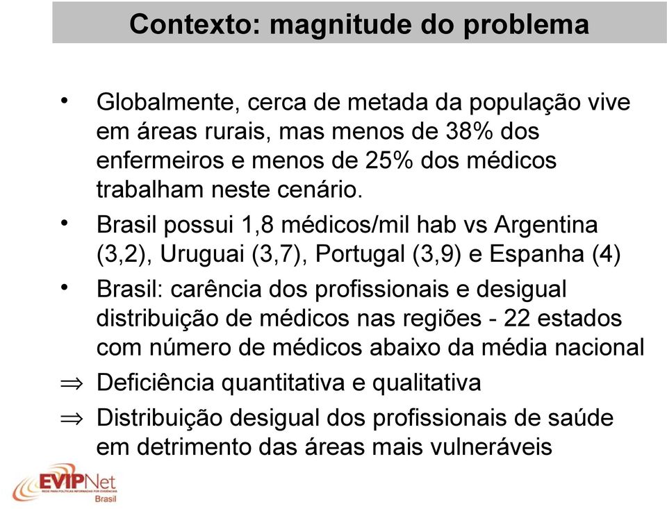 Brasil possui 1,8 médicos/mil hab vs Argentina (3,2), Uruguai (3,7), Portugal (3,9) e Espanha (4) Brasil: carência dos profissionais e