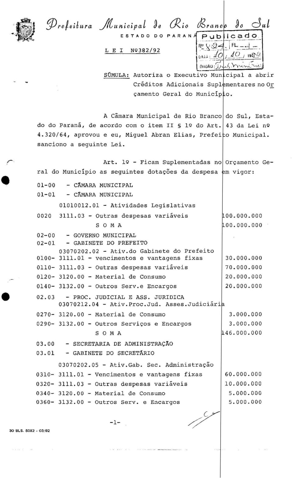 A Camara Municipal de Rio Branco do Sul, Estado do Parana, de acordo com o item II Ї 19 do Art. 43 da Lei no 4.320/64, aprovou e eu, Miguel Abran Elias, Prefei o Municipal. sanciono a seguinte Lei.