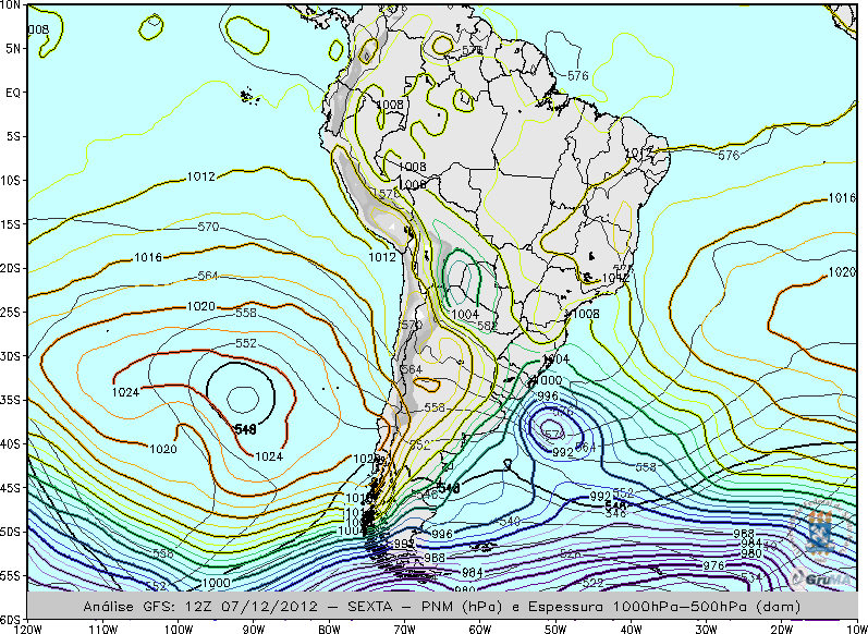 BOLETIM DIÁRIO DO TEMPO Boletim do Tempo para 07 de Dezembro A passagem de um cavado pelos Andes, em médios e altos níveis (figura 1a e 1b), favoreceu a queda da pressão na região da saída do Rio da