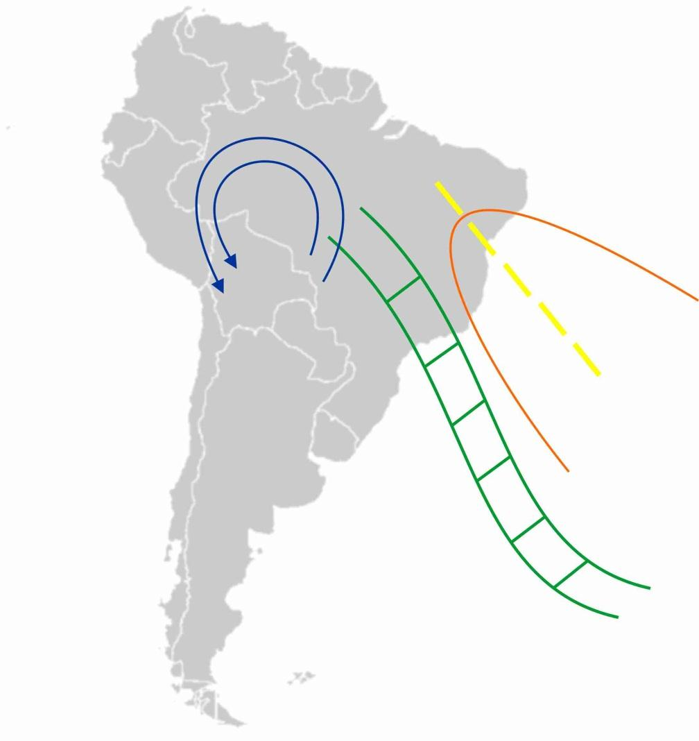 3. Zonas de Convergência: ZCAS, ZCPS, ZCIT Em baixos níveis, o fluxo de nortenordeste transporta umidade da Amazônia para as regiões centro e sul do