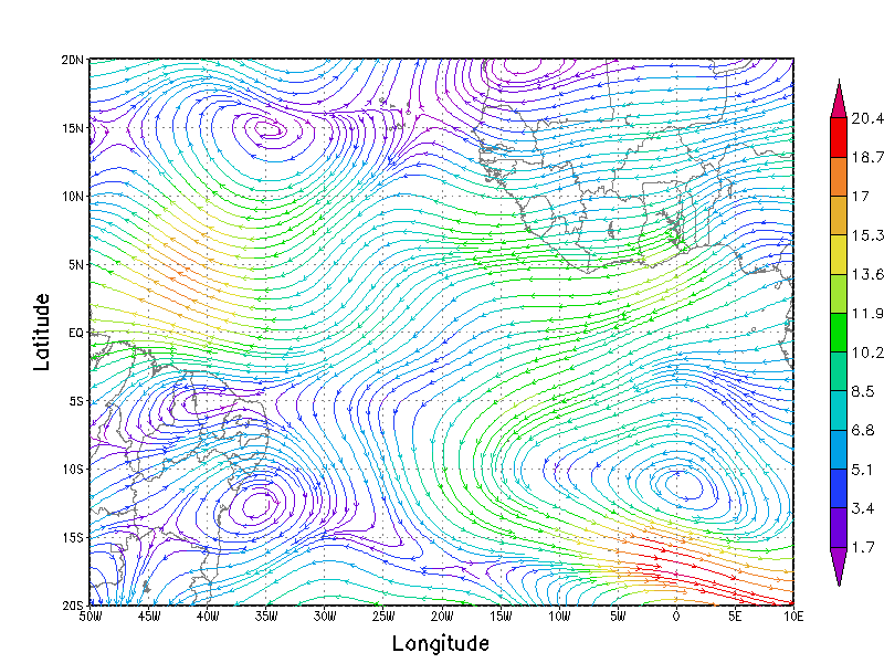 A Figura 5 apresenta as linhas de corrente e a magnitude do vento nos níveis de 850 hpa, 700 hpa e 500 hpa para os dia 15.