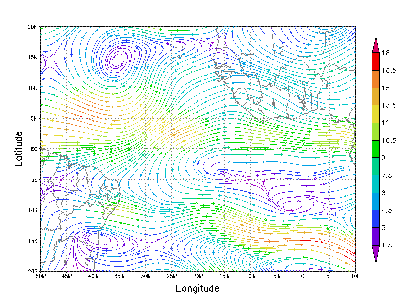 Na Figura 6a as linhas de corrente mostram-se inclinadas desde a longitude de 5º E, e chega à costa leste do NEB com uma intensidade que varia entre 13,2 e 14,4 m/s, mostrando que a crista observada