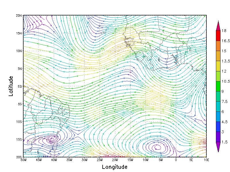 A Figura 15 mostra o campo do vento e sua magnitude para os dia 20 nos níveis de 850 hpa.