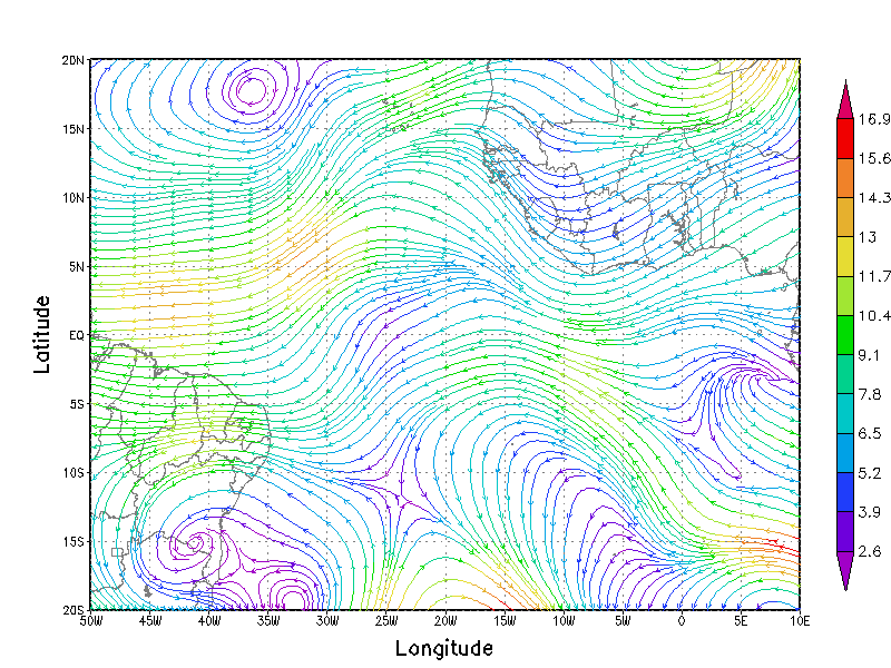 Analisando o dia 21 temos que a Figura 16a mostra que as linhas de corrente possuíam inclinação de SE/NO e atingiram Aracajú e Maceió com uma magnitude entre 15,4 e 16,9 m/s e que nas redondezas